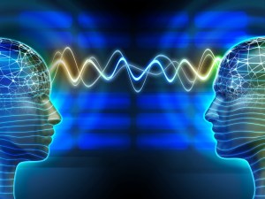 Two people communicating by telepathy. Digital illustration.